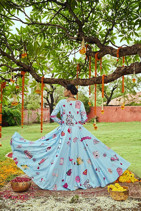 Shubhkala Sky Maslin Cotton Digital Printed With Tessals Pasting Work Navratri Lehenga